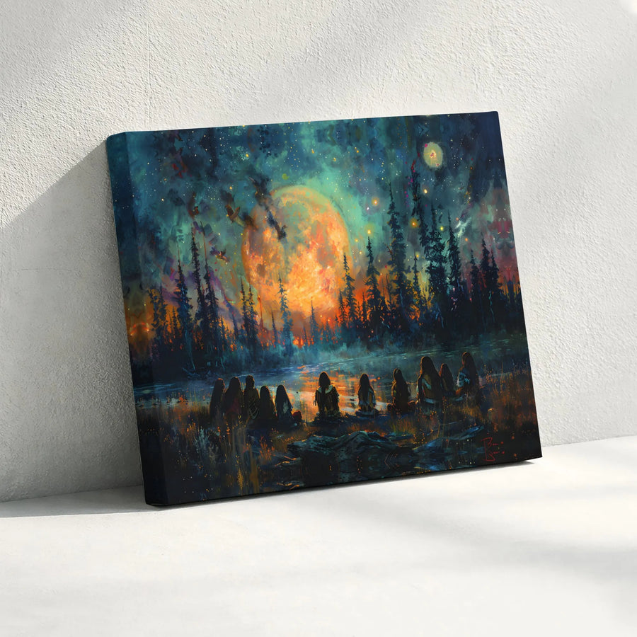 Mystical Forest Canvas Wall Art | Fiery Full Moon Lake Landscape | Premium Gallery-Wrapped Print | Spiritual Nature Home Decor Gift