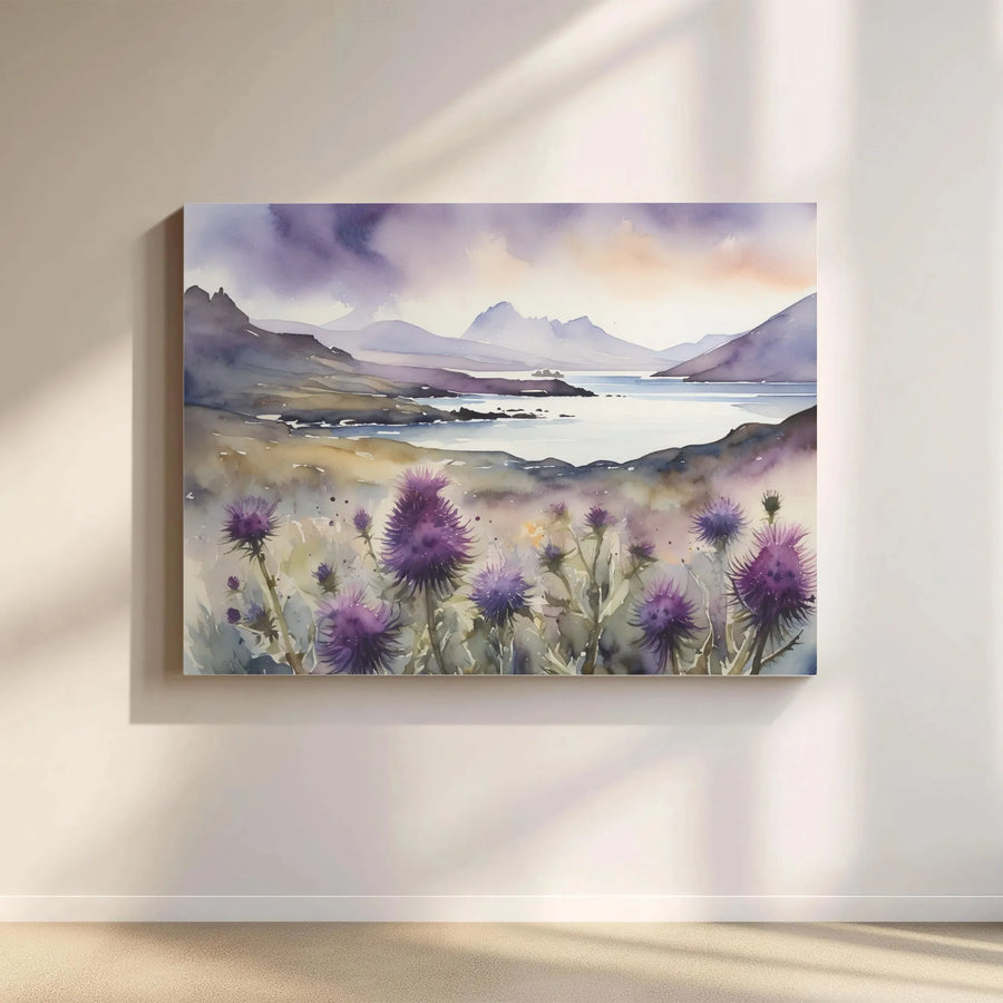 Scottish Thistle Canvas Wall Art | Watercolor Highland Landscape Print | Premium Gallery Wrapped Canvas | Scotland Home Decor Gift for Living Room