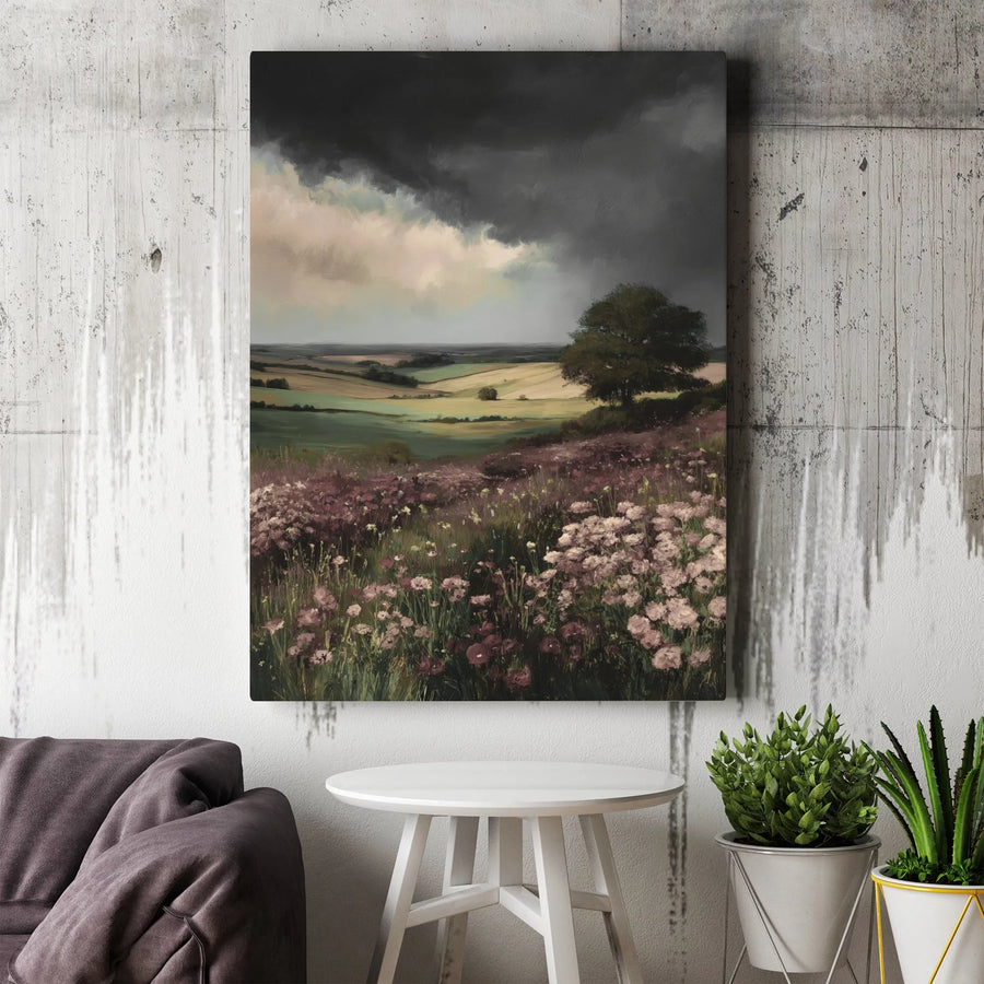 Moody Landscape Canvas Wall Art | Wildflower Meadow Stormy Sky Oil Painting | Premium Gallery Wrap | Atmospheric Home Office Decor