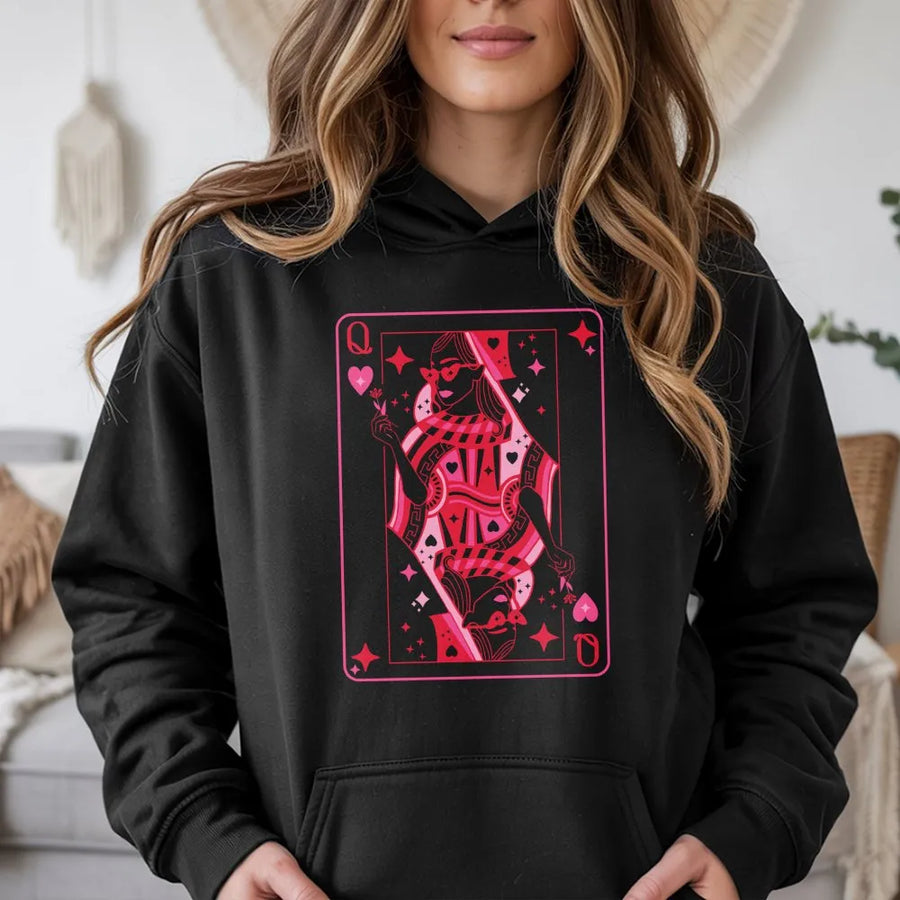 Queen of Hearts Hoodie | Playing Card Aesthetic Graphic Sweatshirt | Premium Cotton Blend | Romantic Valentines Day Gift for Her