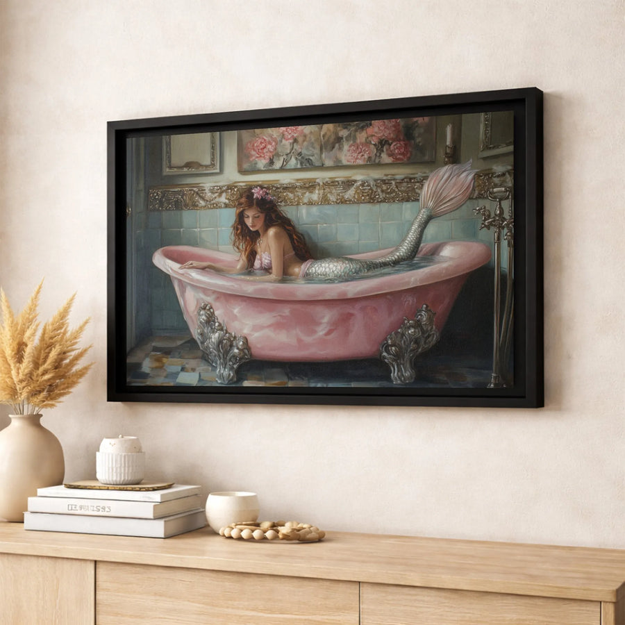 Mermaid in Bathtub Wall Art | Romantic Pink Clawfoot Bath Canvas Print | Premium Gallery Wrap Decor | Whimsical Bathroom Gift for Her