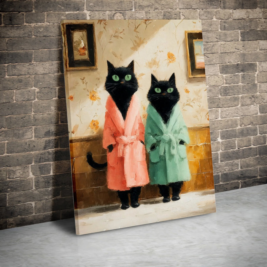 Black Cat Wall Art | Whimsical Bathrobe Cats Oil Painting Style | Premium Gallery Wrapped Canvas | Quirky Animal Decor Gift for Cat Lovers