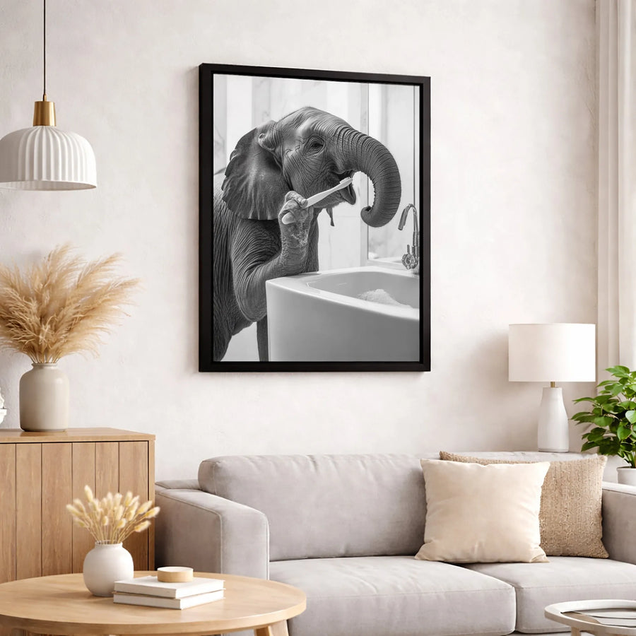 Baby Elephant Brushing Teeth Canvas | Funny Bathroom Wall Art | Premium 1.25 Inch Gallery Wrap | Whimsical Animal Decor Gift for Home