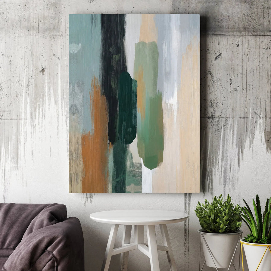 Abstract Canvas Wall Art | Vertical Brush Strokes Modern Decor | 1.25 Inch Gallery Wrap | Neutral Green Orange Office Statement Print