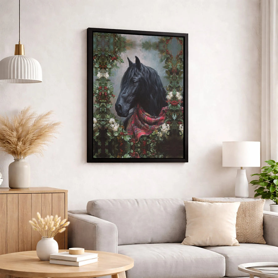Black Horse Canvas Wall Art | Christmas Holiday Decor with Plaid Scarf | Premium Fade-Resistant Print | Equestrian Farmhouse Wall Decor Gift