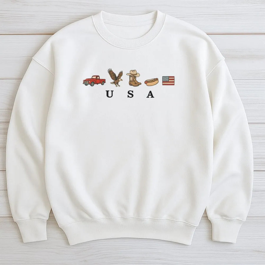 Patriotic Americana Sweatshirt | Vintage USA Icons Graphic with American Flag | Soft Cotton Blend | 4th of July Independence Day Gift for Men & Women