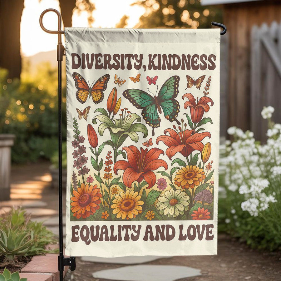 Diversity Kindness Equality Love Garden Flag | Retro Butterfly Floral Yard Decor | Weather-Resistant Premium Polyester | Inspiring Outdoor Gift