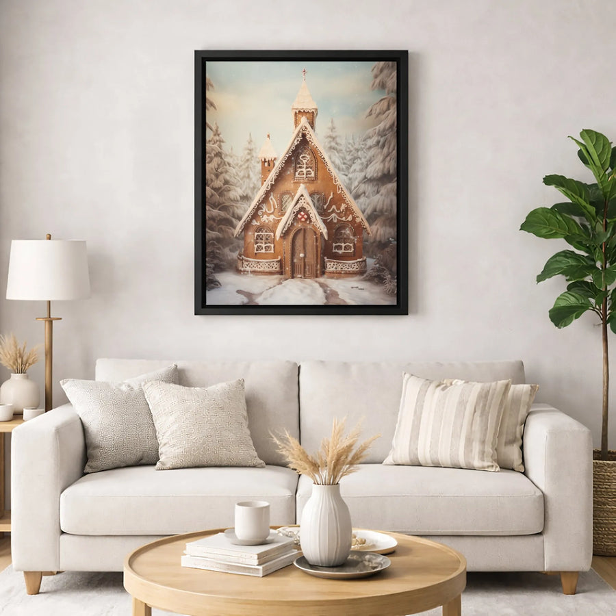 Christmas Gingerbread Church Canvas Wall Art | Snowy Winter Forest Holiday Print | 1.25-Inch Premium Gallery Wrap | Festive Home Decor Gift