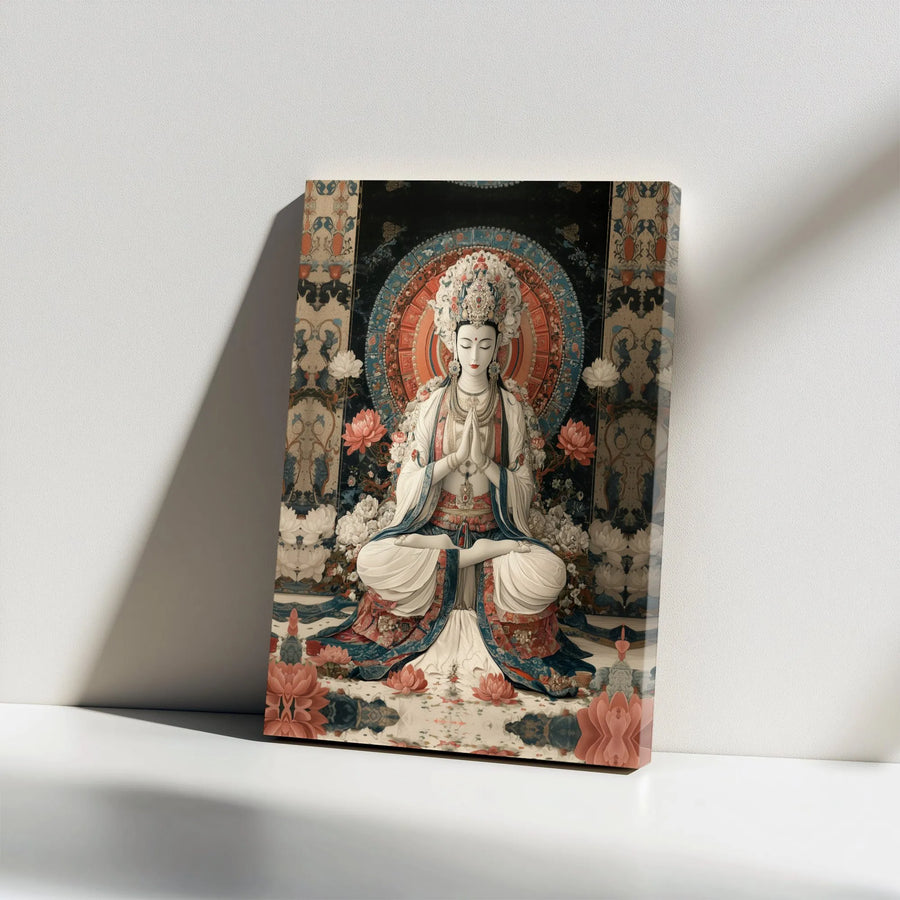 Meditating Guan Yin Canvas Print | Zen Buddha Wall Art with Lotus Mandala | Premium Gallery-Wrapped Decor | Spiritual Home Office Gift