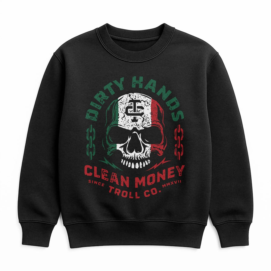 Dirty Hands Clean Money Sweatshirt | Distressed Skull Graphic Workwear Design | Premium Cotton Blend | Gift For Blue Collar Hard Workers