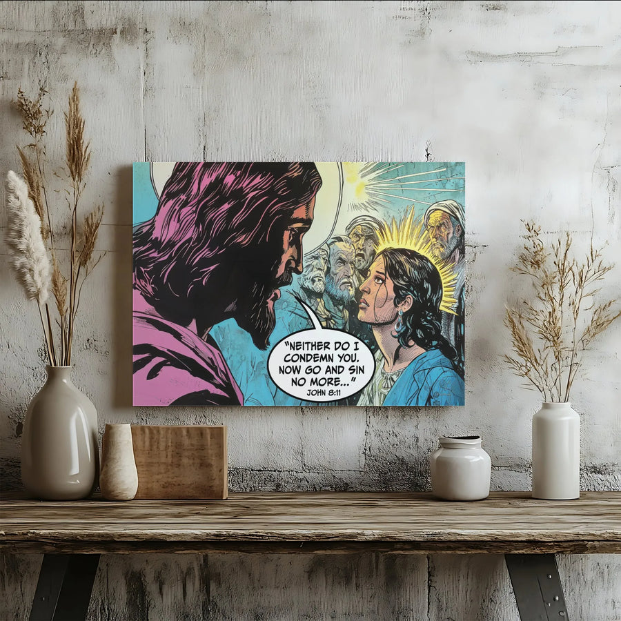 Jesus and Woman Comic Art Canvas | John 8:11 Bible Verse Wall Decor | Premium Gallery Wrap Print | Christian Religious Gift for Home Office