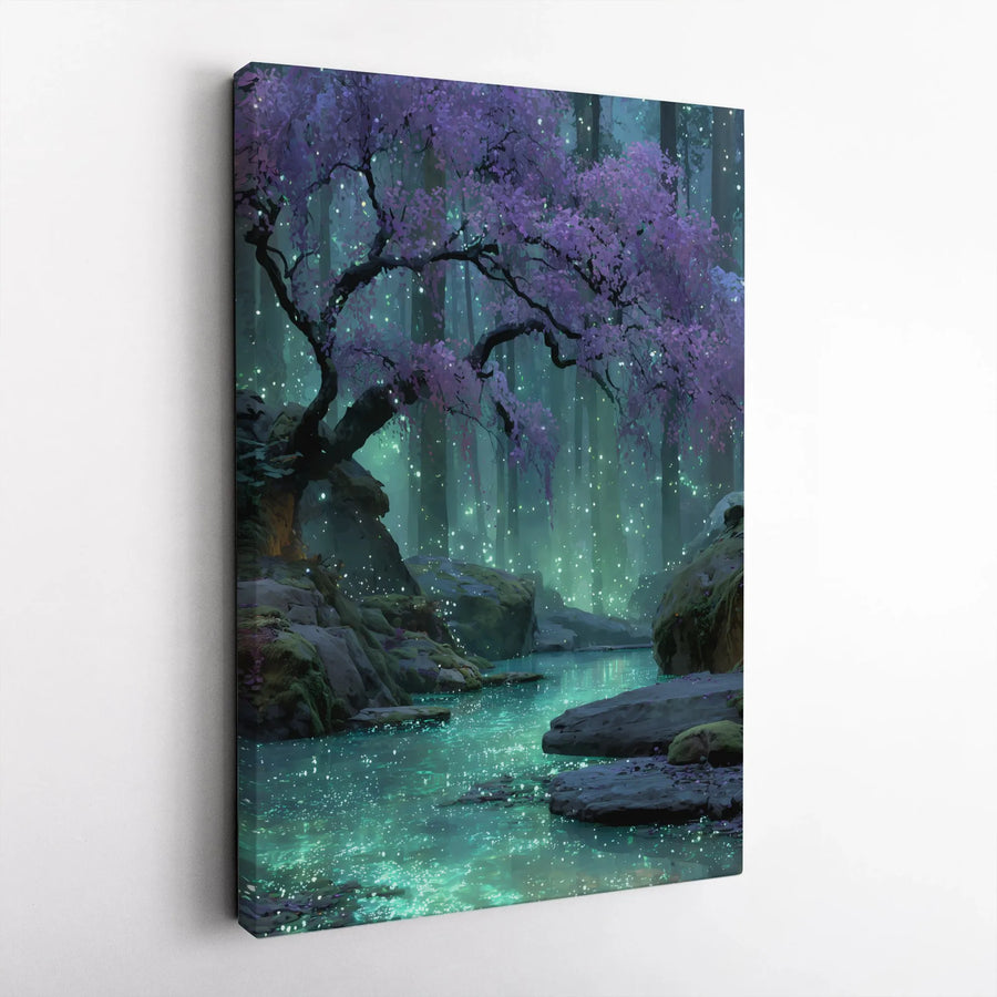 Enchanted Forest Wall Art | Glowing Stream & Purple Blossom Tree Print | Premium Gallery Wrapped Canvas | Magical Fantasy Decor For Home