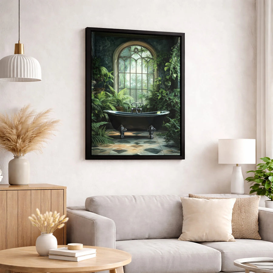 Botanical Greenhouse Canvas Wall Art | Vintage Black Clawfoot Tub Print | Premium Gallery-Wrapped Decor | Nature Inspired Bathroom Home Gift