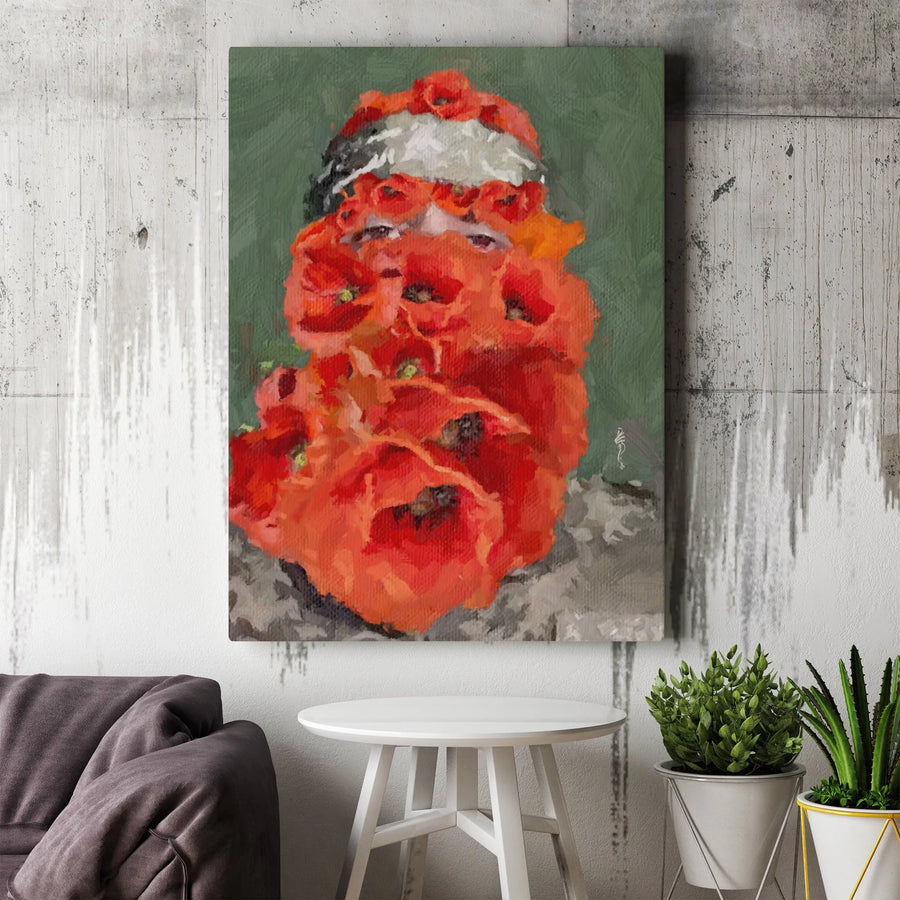 Surrealist Red Poppy Flower Portrait Canvas | Abstract Bearded Man Oil Painting Style | Premium 1.25" Gallery Wrap | Unique Modern Wall Art for Home Decor