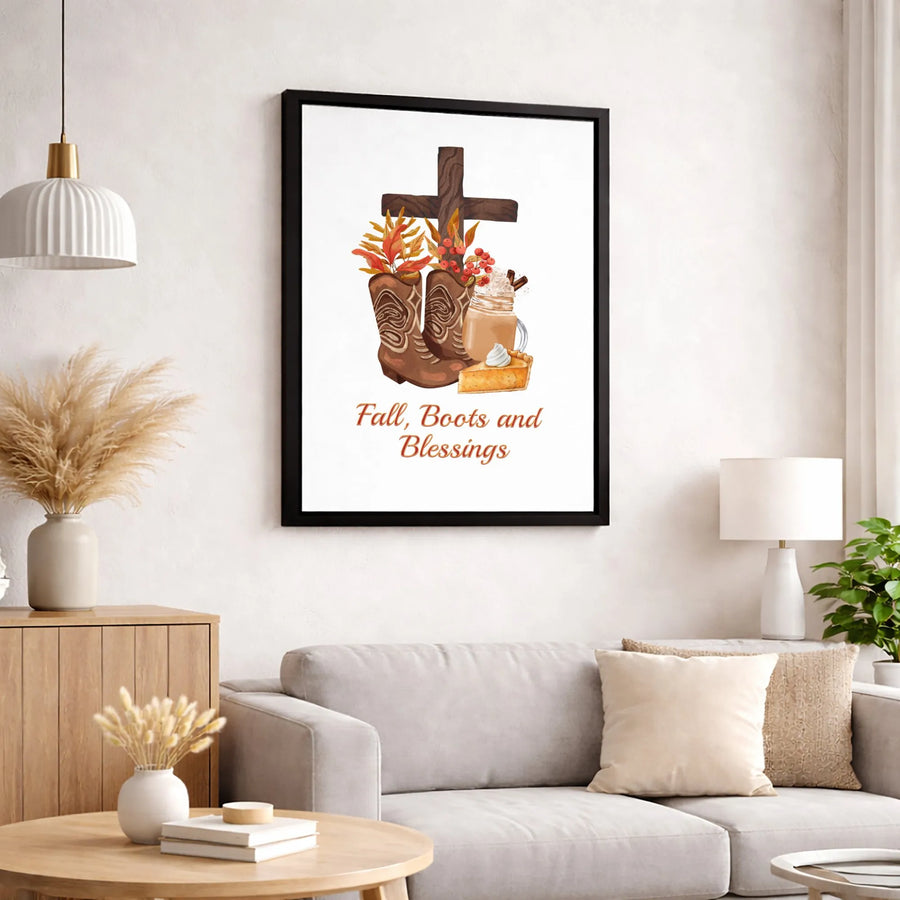Fall Boots and Blessings Wall Art | Watercolor Cross Cowboy Boots Print | 1.25-Inch Premium Gallery Canvas | Religious Autumn Home Decor Gift