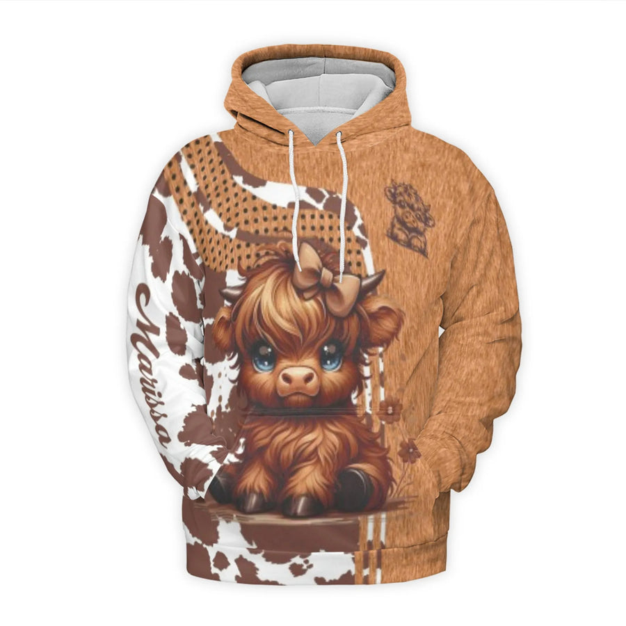 Cute Highland Cow Hoodie | Baby Cow Bow Design Print | Premium Brushed Fleece Unisex Pullover | Farmhouse Style Gift for Animal Lovers