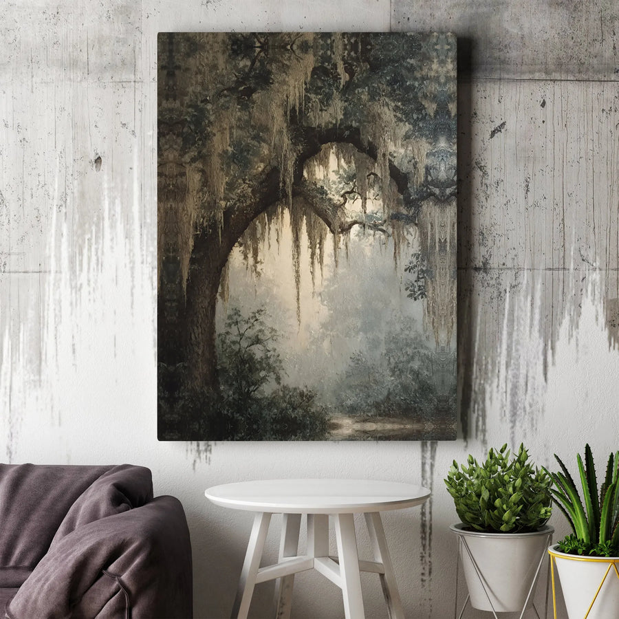 Vintage Southern Oak Tree Canvas Art | Moody Southern Gothic Landscape | Premium Gallery Wrapped Canvas | Farmhouse Wall Decor Gift