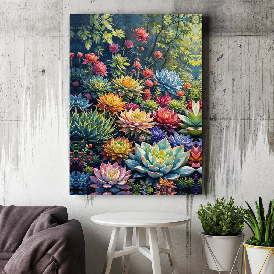 Vibrant Succulent Garden Canvas Wall Art | Colorful Botanical Painting Print | Premium Gallery Wrapped Canvas | Botanical Art for Living Room Decor