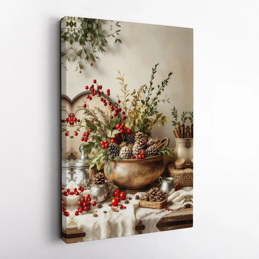 Rustic Christmas Wall Art | Winter Pine Cone and Berry Still Life | Premium Gallery Wrap Canvas | Festive Farmhouse Holiday Home Decor