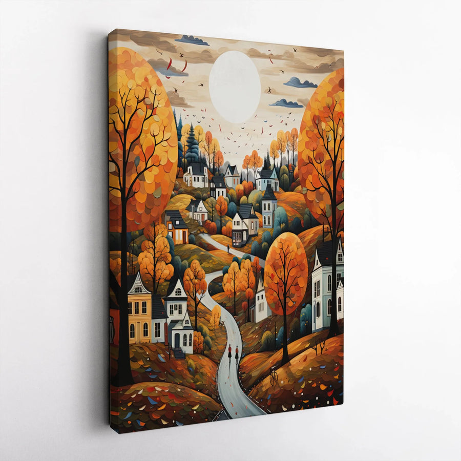 Autumn Village Canvas Wall Art | Whimsical Folk Art Landscape Print | Premium 1.25" Gallery Wrap | Seasonal Home Decor Gift