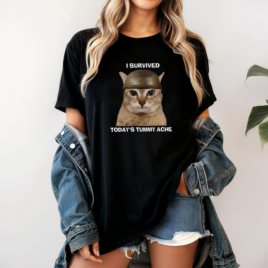 I Survived Today's Tummy Ache T-Shirt | Funny Soldier Cat Meme Graphic | Soft 100% Cotton Premium Tee | Retro Y2K Humor Gift for Cat Lovers