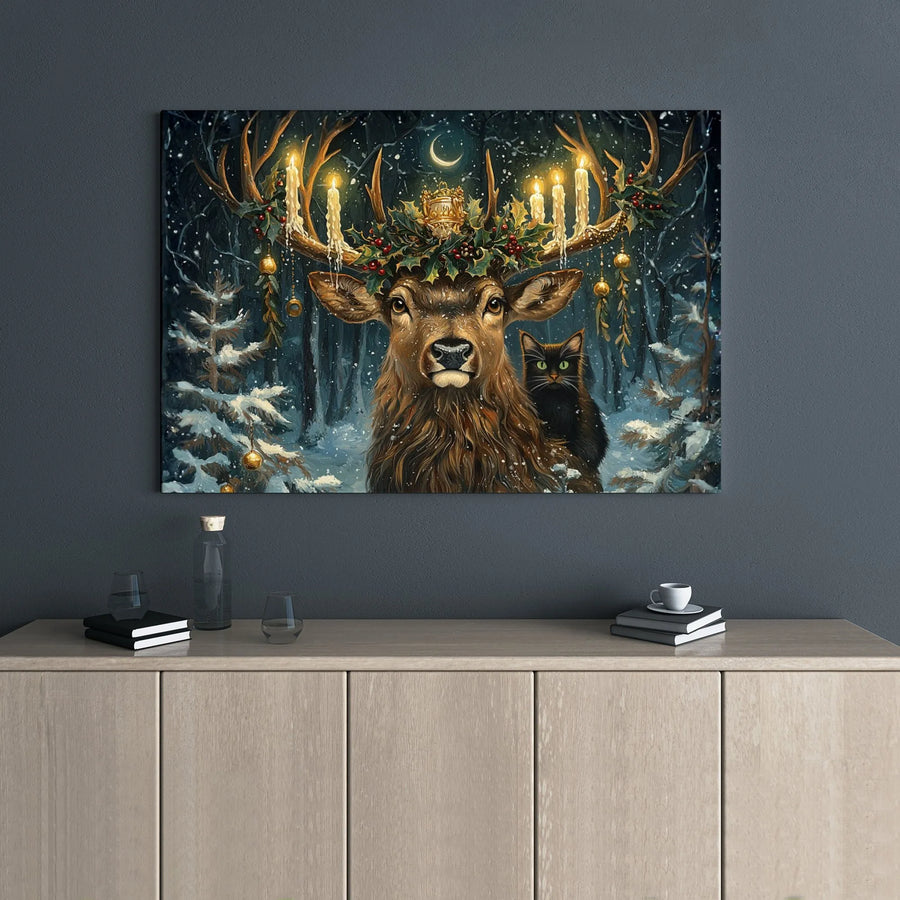 Christmas Stag Canvas Print | Winter Forest Cat Wall Art | Premium Gallery Wrap Decor | Festive Holiday Gift for Home
