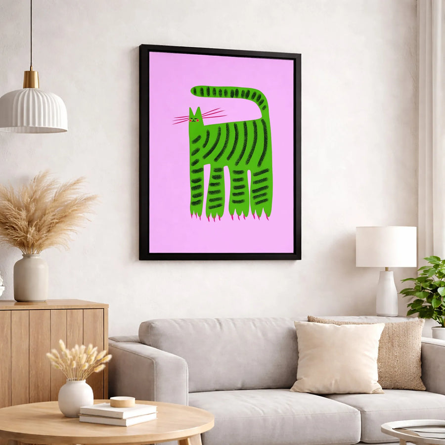 Abstract Green Striped Cat Canvas Art | Whimsical Modern Animal Wall Decor | Premium Fade-Resistant Print | Quirky Gift for Cat Lovers