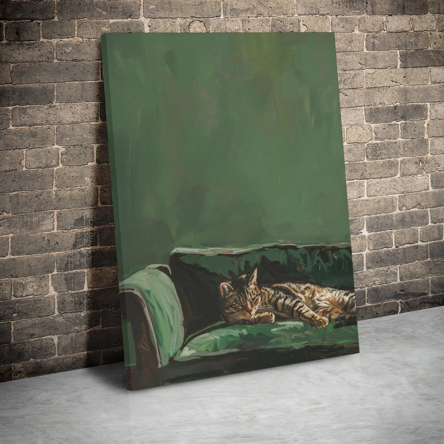 Tabby Cat Wall Art | Sleeping Cat on Velvet Green Sofa Painting | Premium Gallery Wrapped Canvas | Cozy Home Decor Gift for Cat Lovers