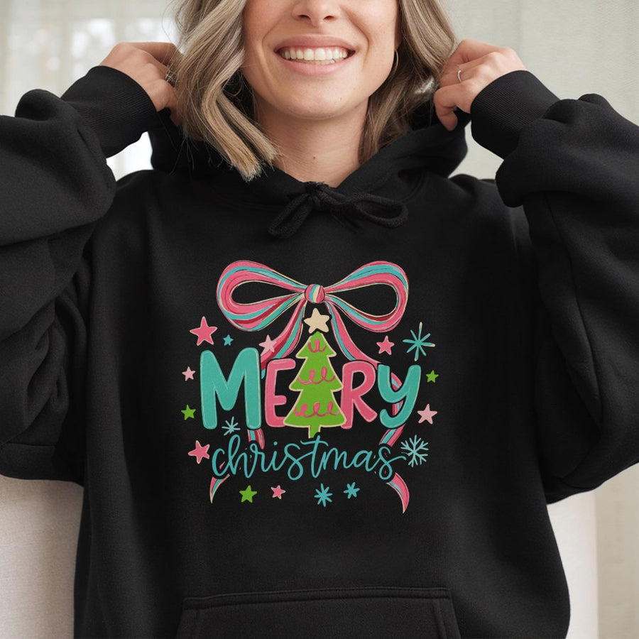 Merry Christmas Hoodie | Pastel Bow & Tree Graphic | Premium Cotton Blend | Holiday Gift for Women & Men