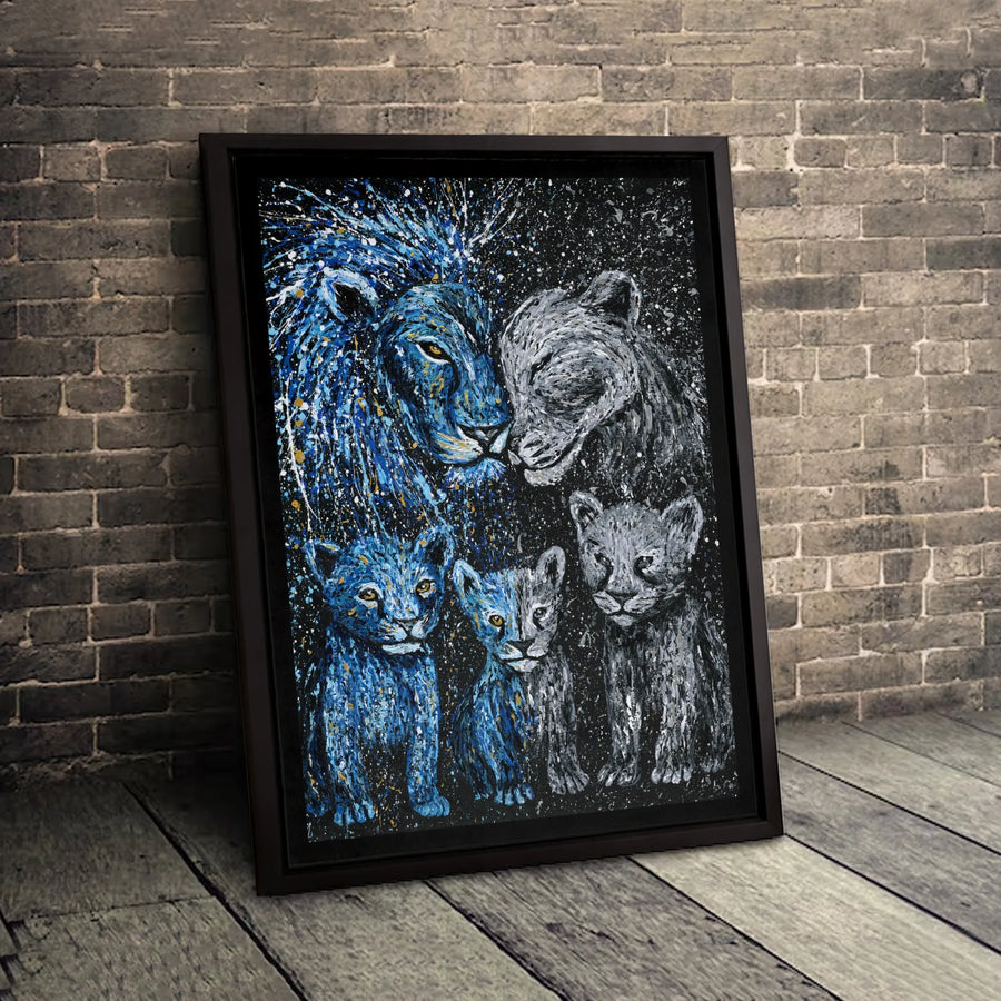Lion Family Canvas Wall Art | Abstract Blue Grey Splatter Painting | Premium Gallery Wrap Print | Modern Living Room Home Decor Gift
