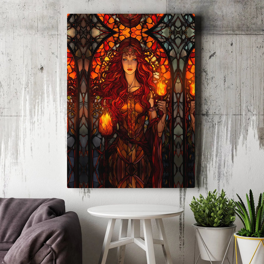 Fantasy Sorceress Wall Art | Stained Glass Fire Witch Decor | Premium Gallery Wrap Canvas | Gothic Home Decor Gift for Fantasy Lovers
