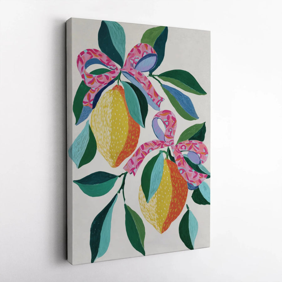 Lemon Wall Art with Pink Bows | Colorful Fruit Canvas Print | 1.25 Inch Gallery Wrap | Kitchen Decor and Dining Room Gift