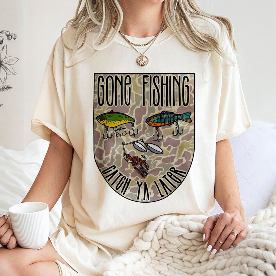 Gone Fishing T-Shirt | Catch Ya Later Camo Graphic Print | 100% Premium Cotton Tee | Outdoor Enthusiast Fisherman Gift