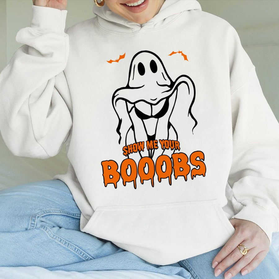 Show Me Your Booobs Halloween Hoodie | Funny Ghost Pun Graphic Pullover | Soft Cotton-Poly Blend | Unisex Gift For Halloween Party Lovers