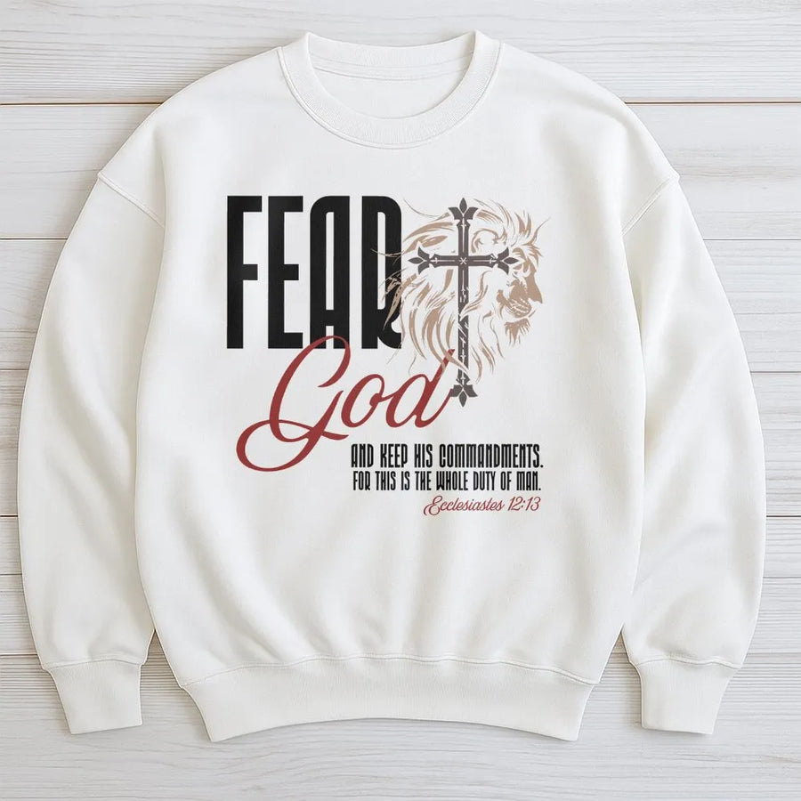 Fear God Christian Sweatshirt | Lion of Judah Cross Graphic | Premium Soft Cotton Blend | Faith Based Gift for Men