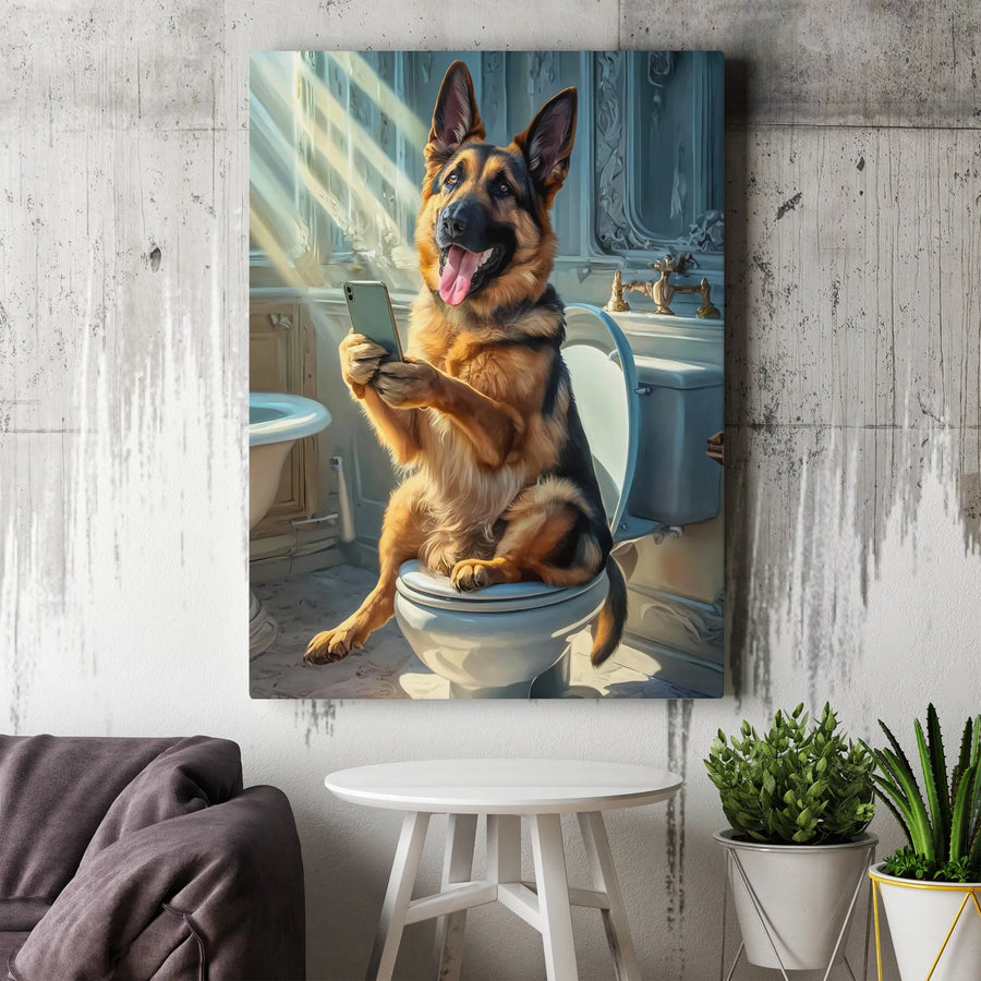 German Shepherd on Toilet Canvas Art | Funny Dog Bathroom Decor | Premium Gallery Wrapped Print | Unique Housewarming Gift for Dog Lover