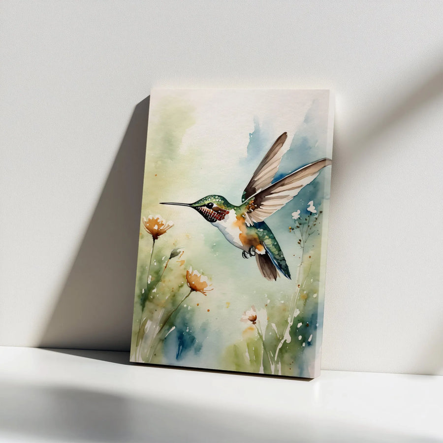 Watercolor Hummingbird Canvas Wall Art | Delicate Botanical Bird Illustration | Premium Gallery Wrapped Canvas | Nature Lover Gift for Living Room Decor