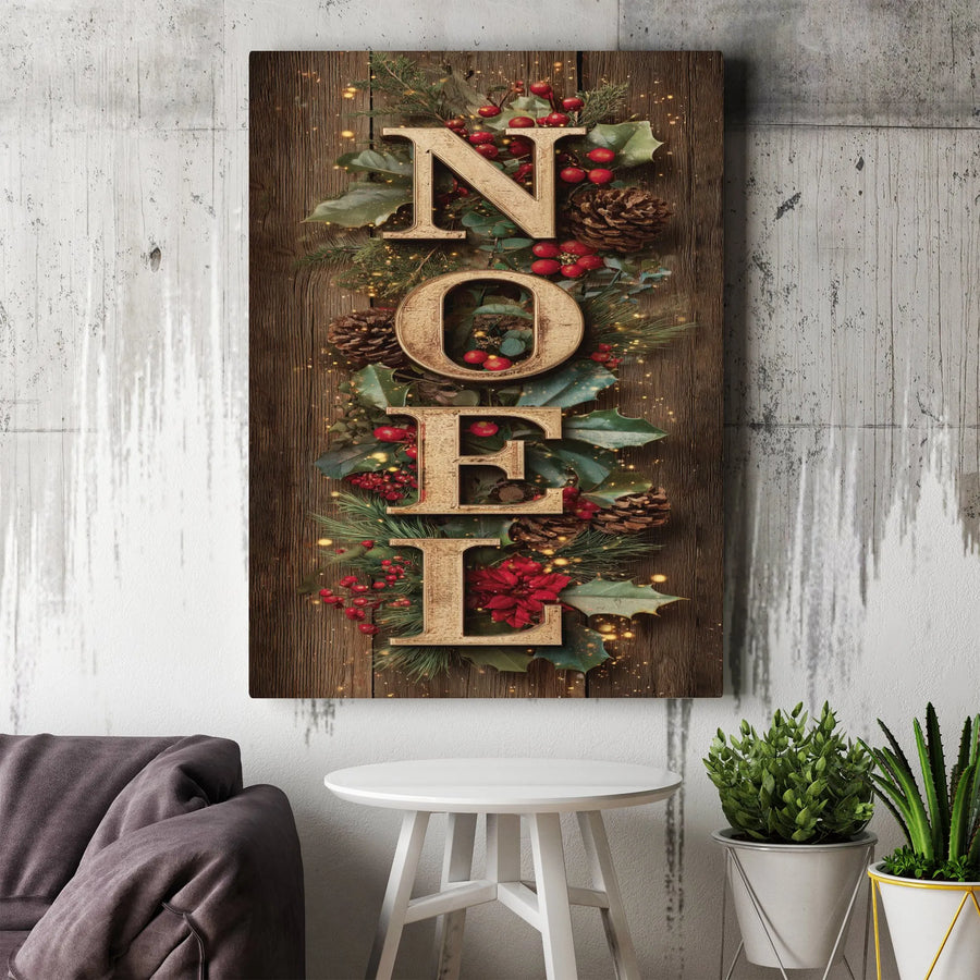 Noel Christmas Canvas Wall Art | Rustic Pinecone & Berry Wreath Design | Premium Fade-Resistant Print | Festive Holiday Home Decor Gift