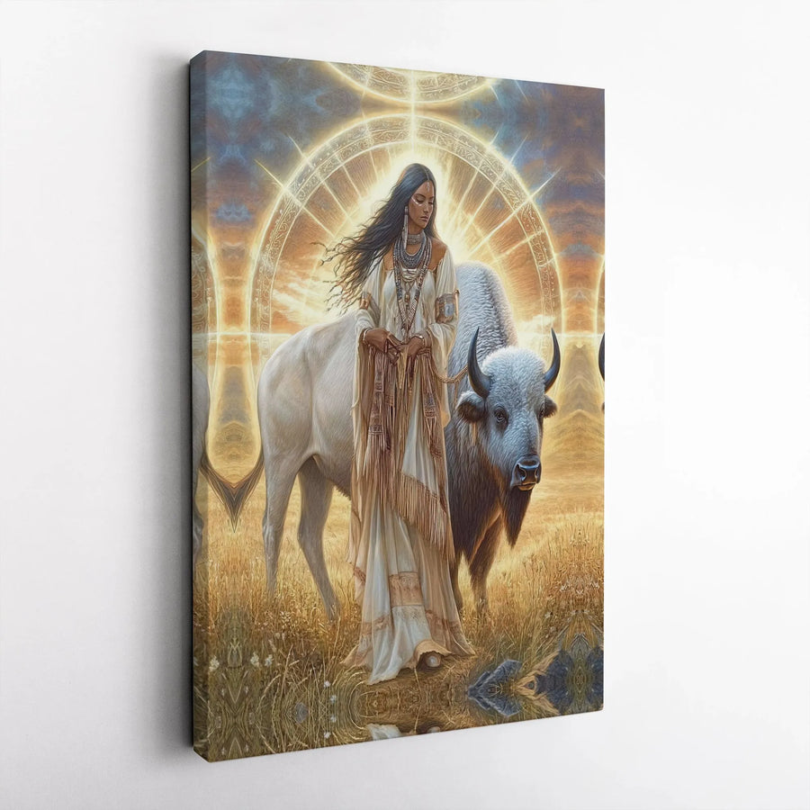 Sacred White Buffalo Canvas Wall Art | Spiritual Native American Woman Print | Premium Gallery-Wrapped Decor | Western Home & Office Gift