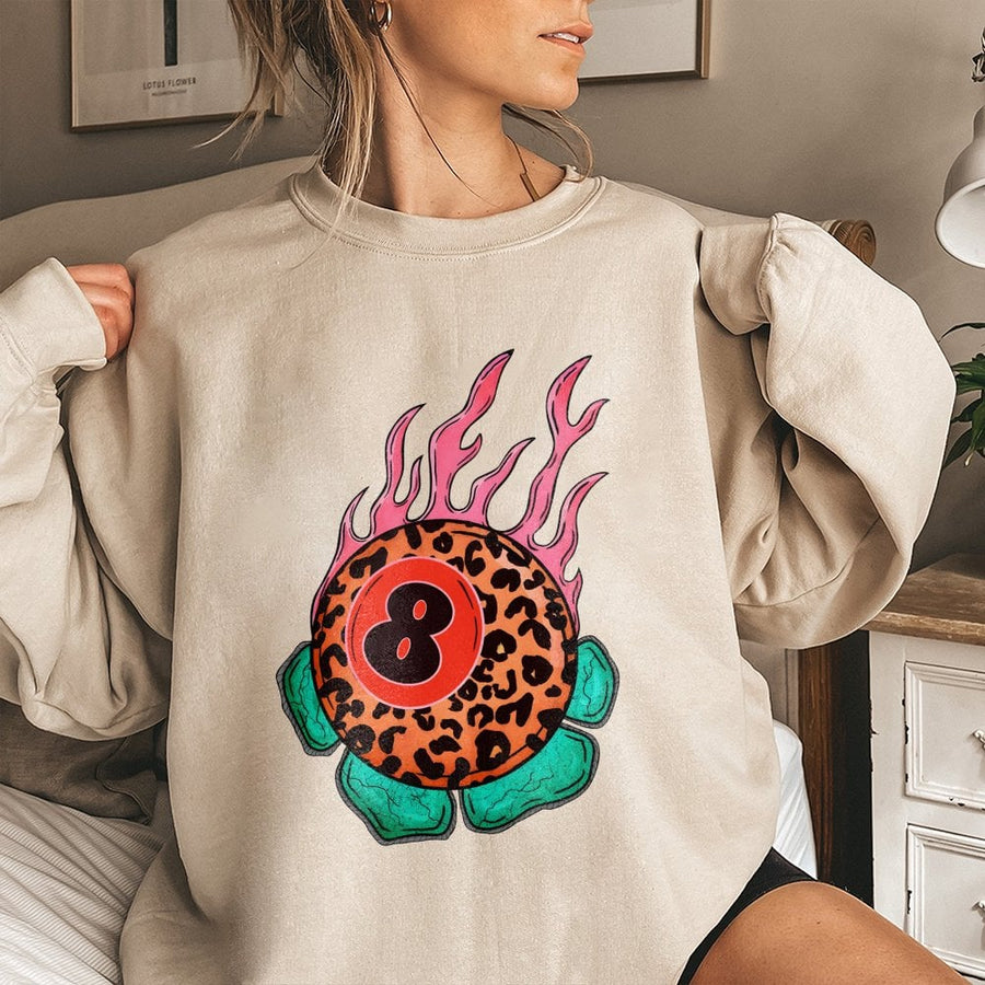 8 Ball Sweatshirt | Flaming Leopard Print Graphic | Premium Cotton Blend Crewneck | Trendy Retro Streetwear Gift for Men and Women