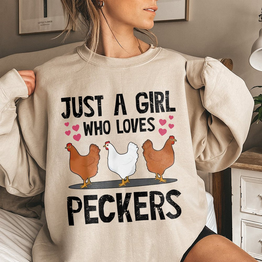 Chicken Sweatshirt | Just A Girl Who Loves Peckers Funny Chicken Lover Design | Premium Cotton Blend | Gift For Farmers And Hen Keepers