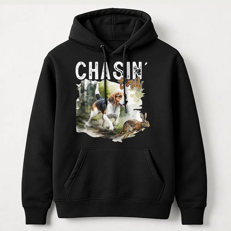 Beagle Hunting Hoodie | Chasin' Trail Rabbit Dog Graphic | Premium Cotton Blend | Gift for Hunter Dad and Outdoor Enthusiast