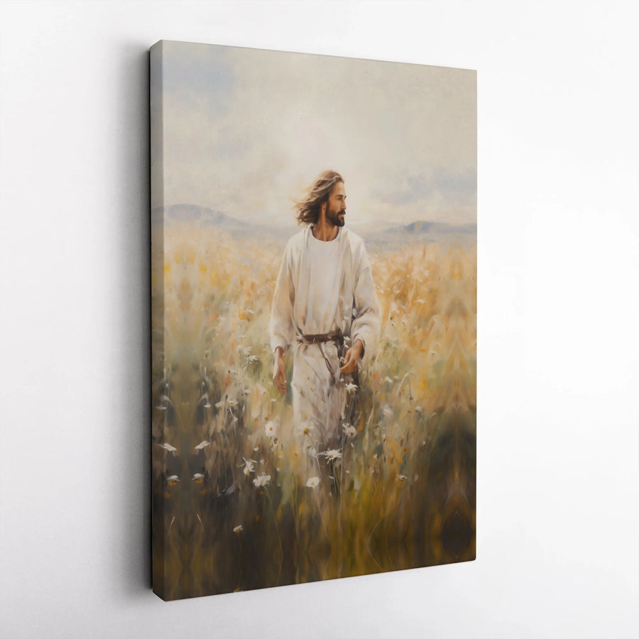 Jesus Christ Wall Art | Wildflower Meadow Religious Painting | Premium Gallery-Wrapped Canvas | Christian Home Decor Gift
