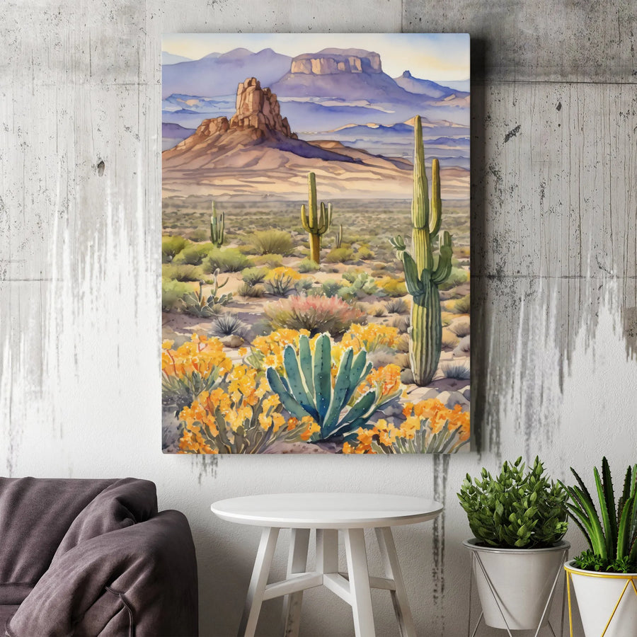 Southwest Desert Watercolor Vertical Canvas | Saguaro Cactus & Arizona Mountain Landscape Wall Art | Premium 1.25” Gallery Wrap | Modern Nature Lover Home Decor Gift