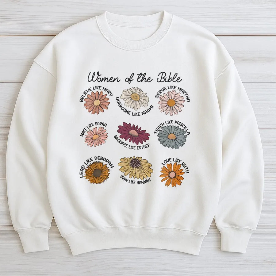 Women of the Bible Sweatshirt | Boho Daisy Floral Faith Design | Premium Cotton Blend Crewneck | Christian Religious Gift for Women