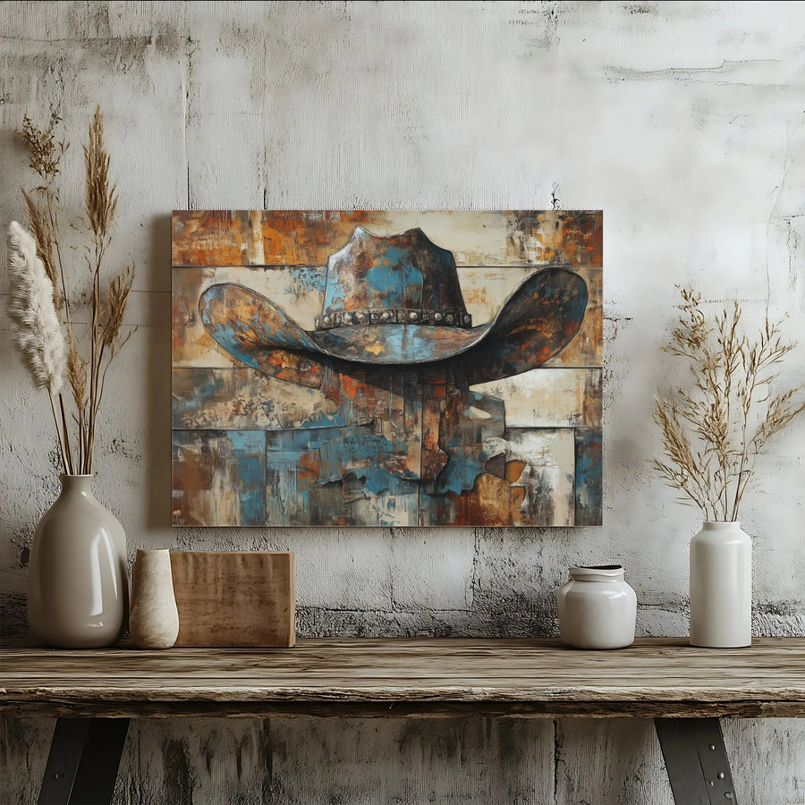 Rustic Cowboy Hat Canvas Wall Art | Textured Abstract Western Painting | Premium Gallery Quality Print | Modern Farmhouse Living Room Decor Gift
