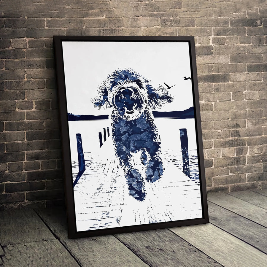 Goldendoodle Dog Canvas Wall Art | Blue And White Running Doodle Print | Premium Gallery Wrapped Decor | Gift For Dog Lovers
