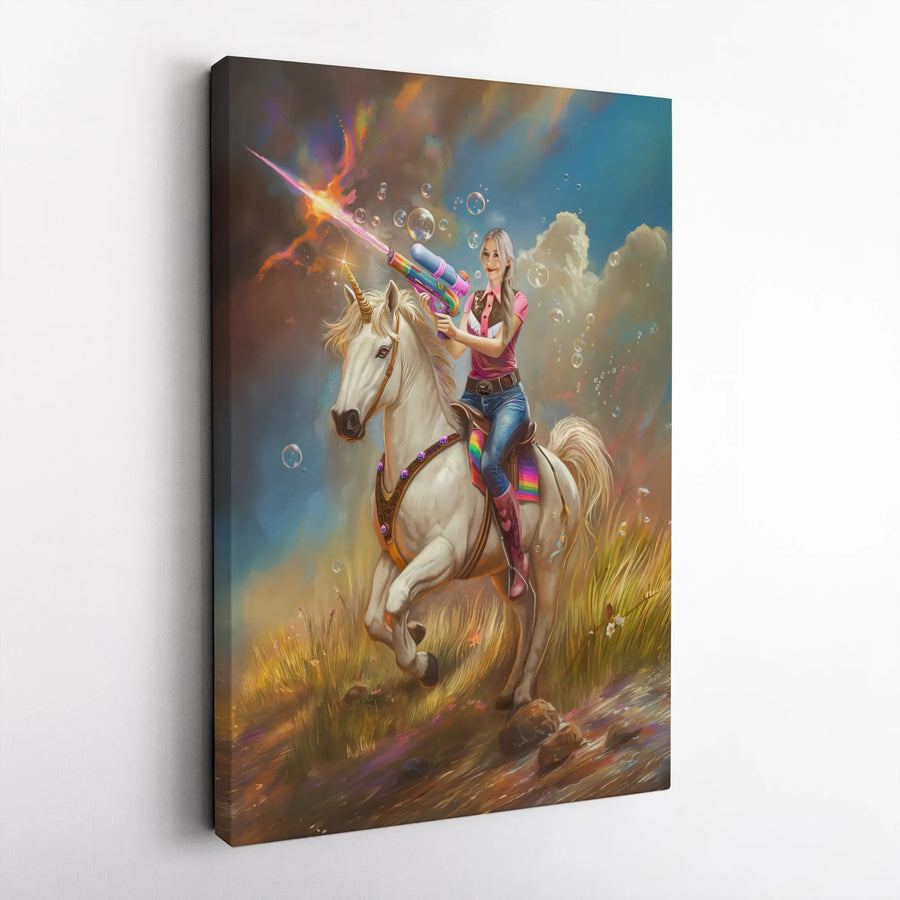 Fantasy Cowgirl Unicorn Wall Art | Woman Riding Unicorn with Water Gun | Premium Gallery Wrapped Canvas | Surreal Home Decor Gift for Her