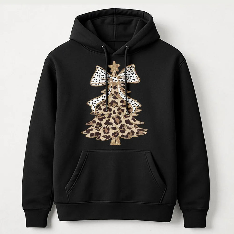 Leopard Print Christmas Tree Hoodie | Festive Polka Dot Bow Design | Premium Cotton Blend | Cozy Holiday Gift for Women and Men