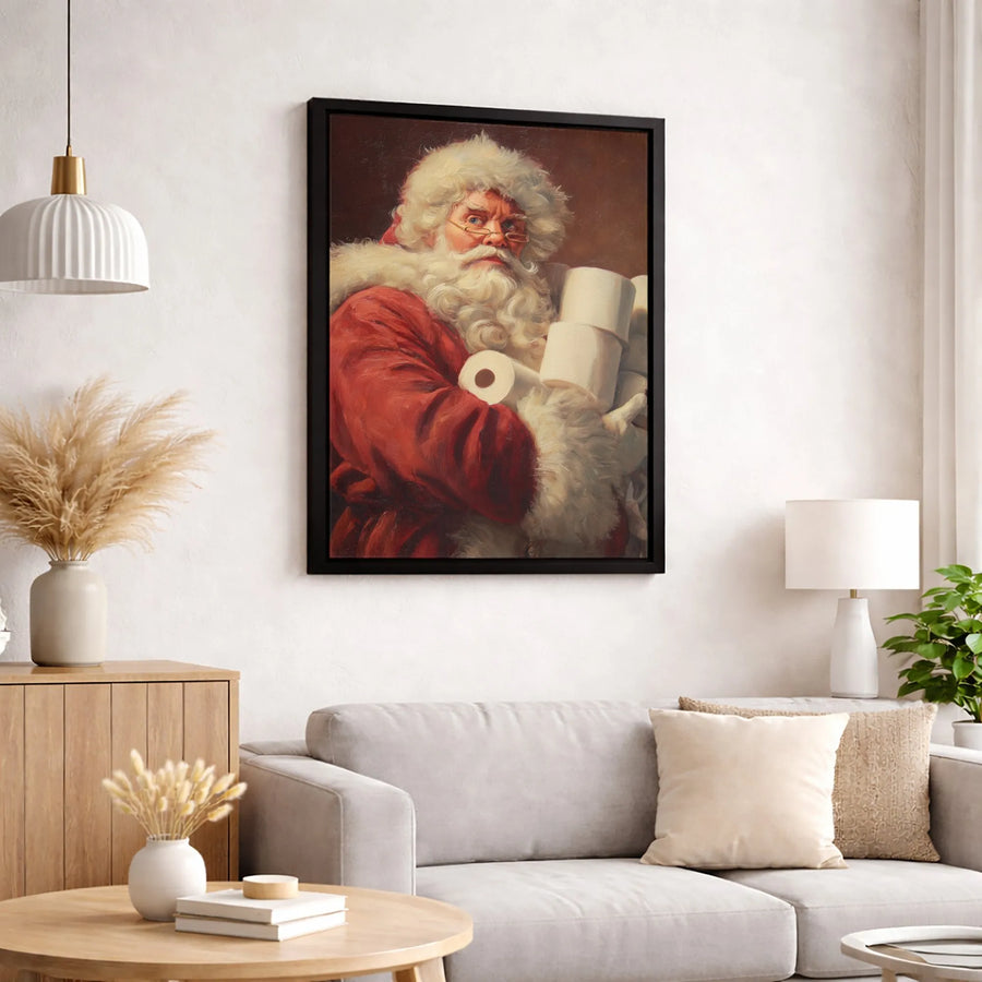 Funny Santa Claus Canvas Wall Art | Humorous Toilet Paper Painting | Premium Gallery Wrap Print | Unique Christmas Decor Gift for Home or Office
